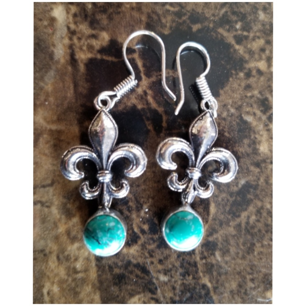 Fleur-de-Lis Silver Drop Earrings with Turquoise Stone